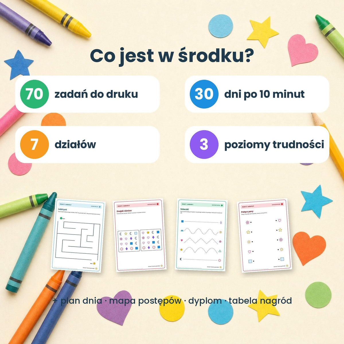 Co jest w środku: 70 zadań, 30 dni, 7 działów, 3 poziomy
